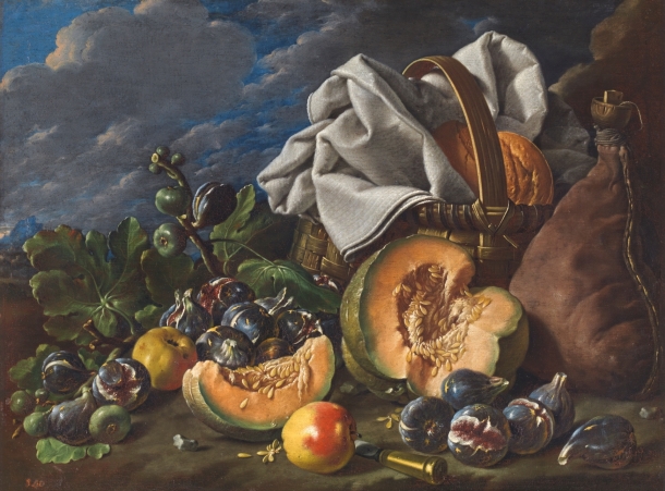  Bodegón con melón y brevas, manzanas, bota de vino y cesta de merienda en un paisaje  Meléndez, Luis Egidio